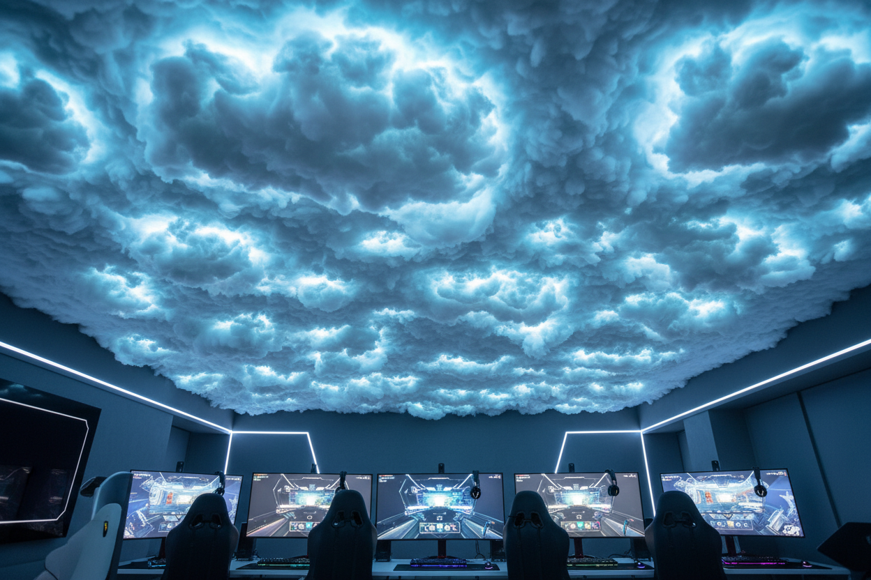 make me a photo of cloud celling like in gaming room you know what i mean by that a clouds of cotton wool that shys color lets say blue